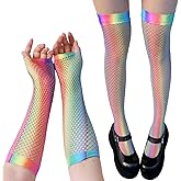 ZAGQIG 1 Pair Fingerless Fishnet Gloves Neon and 1 Pair Rainbow Fishnet Thigh Highs Neon Stockings for Women Girls 80s Theme Party Costume Accessories Set Scene Clothes