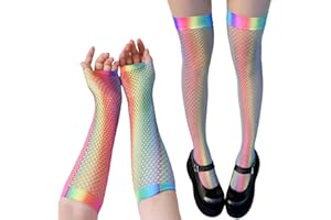 ZAGQIG 1 Pair Fingerless Fishnet Gloves Neon and 1 Pair Rainbow Fishnet Thigh Highs Neon Stockings for Women Girls 80s Theme Party Costume Accessories Set Scene Clothes