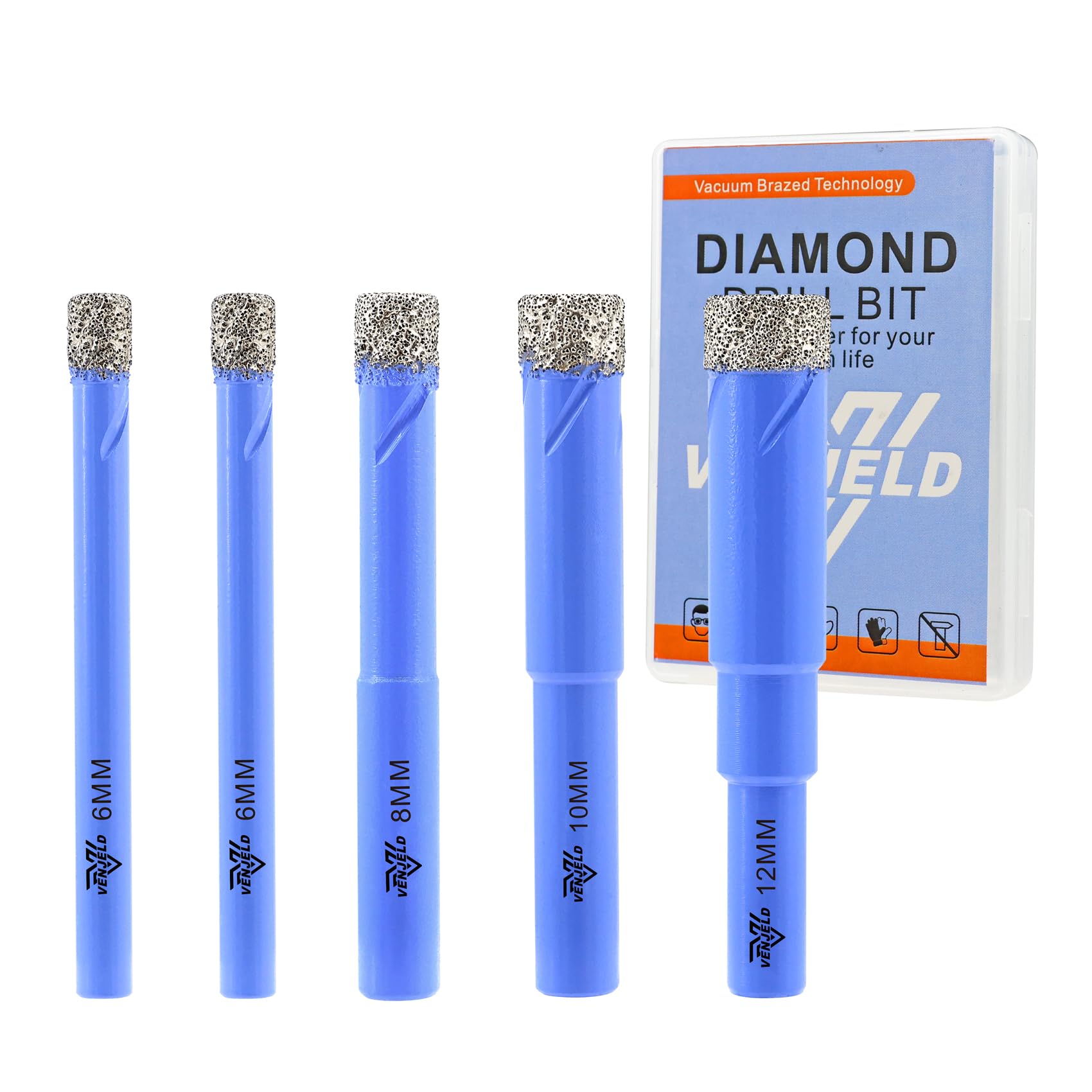 Dry Diamond Drill Bits Set - 6/6/8/10/12mm 5Pcs Tile Hole Saw Kit for Ceramic Porcelain Tile Marble Granite - Round Shank with Storage Case VENJELD — image 1