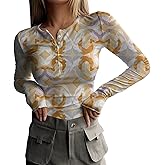 Long Sleeve Shirts for Women Trendy Y2k Print Henley Tops Slim Fit Ribbed Knit Layering Fashion Tees