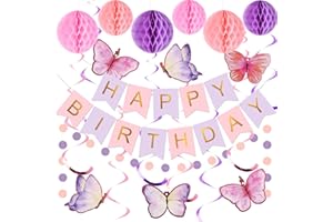 meowtastic Birthday Decorations, Happy Birthday Banner with Honeycomb Balls, Butterfly Hanging Swirl Streamers, Circle Dots Garland, Happy Birthday Party Decorations for Women Girls (Purple & Gold)