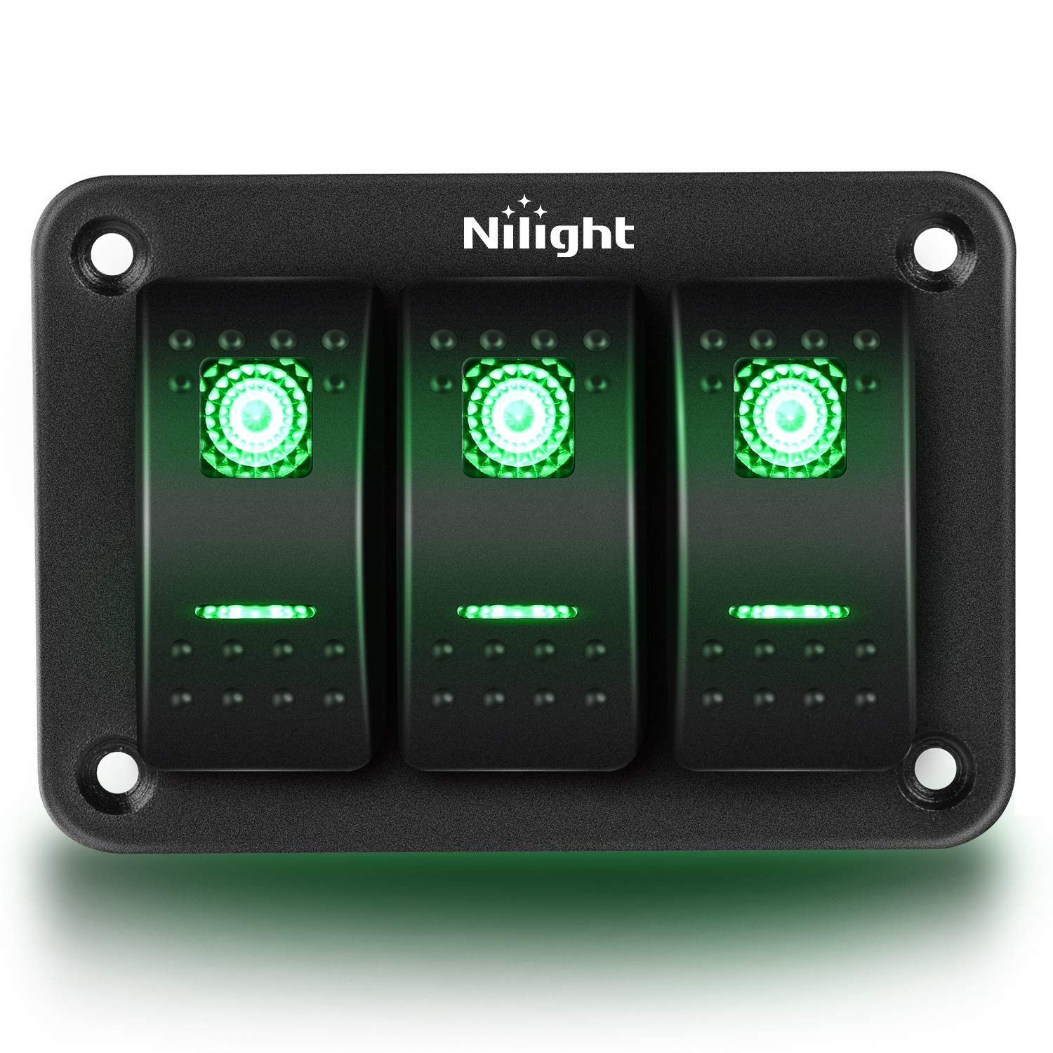 Nilight 3 Gang Aluminum Rocker Switch Panel Toggle Dash 5 Pin ON/Off Pre-Wired Rocker Switch GreenBacklit Switch for Automotive Cars Marine Boats RVs, green (90127C)