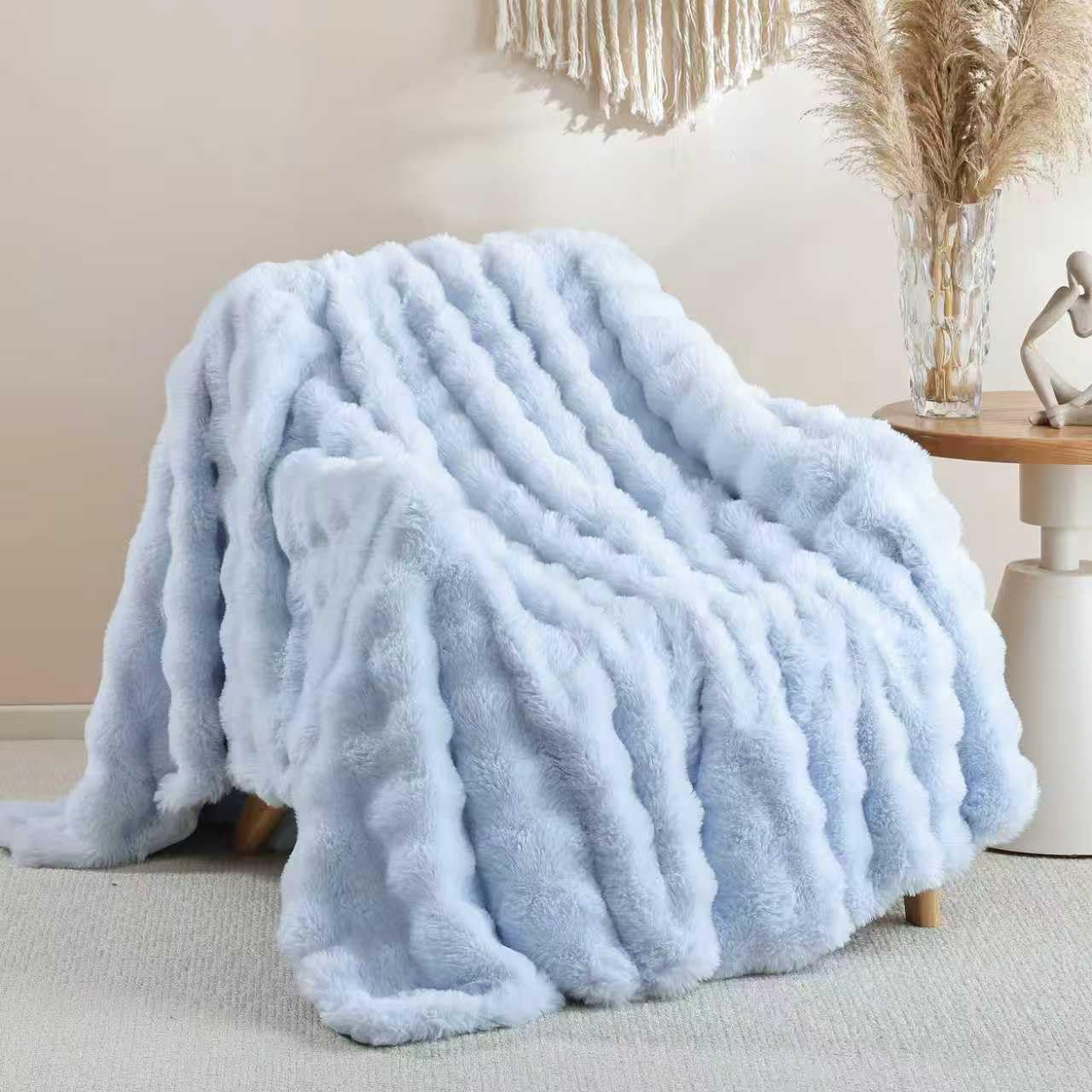 Photo 1 of Smoofy Faux Fur Throw Blanket for Couch Rabbit Fleece - Light Blue Fluffy Blanket for Sofa Bedroom Living Room, Cozy Soft Plush Luxury Thick Winter Fuzzy Comfy Bubble Blanket - 60" x 80"