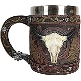 Ebros Gift Rustic Western Bull Cow Skull With Dreamcatcher Feathers And Scroll Lace Coffee Mug In Faux Tooled Leather Finish Wild West Old Fashioned Cowboy Design Beer Stein Tankard
