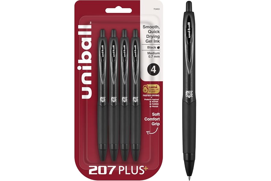 uniball 207 Plus+ Retractable Gel Pens, Medium Point (0.7mm), Black, 4 Pack