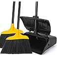 Indoor/Outdoor Heavy Duty Broom and Dustpan Set,Upright Plastic Commercial Dust Pan with 2 Brooms Perfect for Sweeping Courtyard Garage Lobby Kitchen Office Mall Market Shop Floor