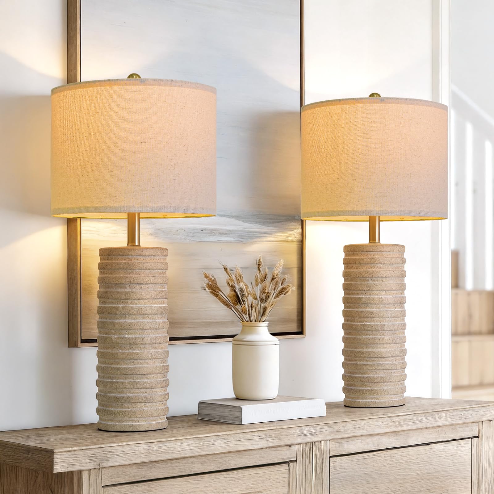 Photo 1 of PoKat 27'' Farmhouse Table Lamps Set of 2 for Living Room, Stone-Like Bedside Lamp for Bedroom, Boho Ceramic Tall Lamps for Nightstand Office Sideboard Entryway Distressed (Antique Beige)