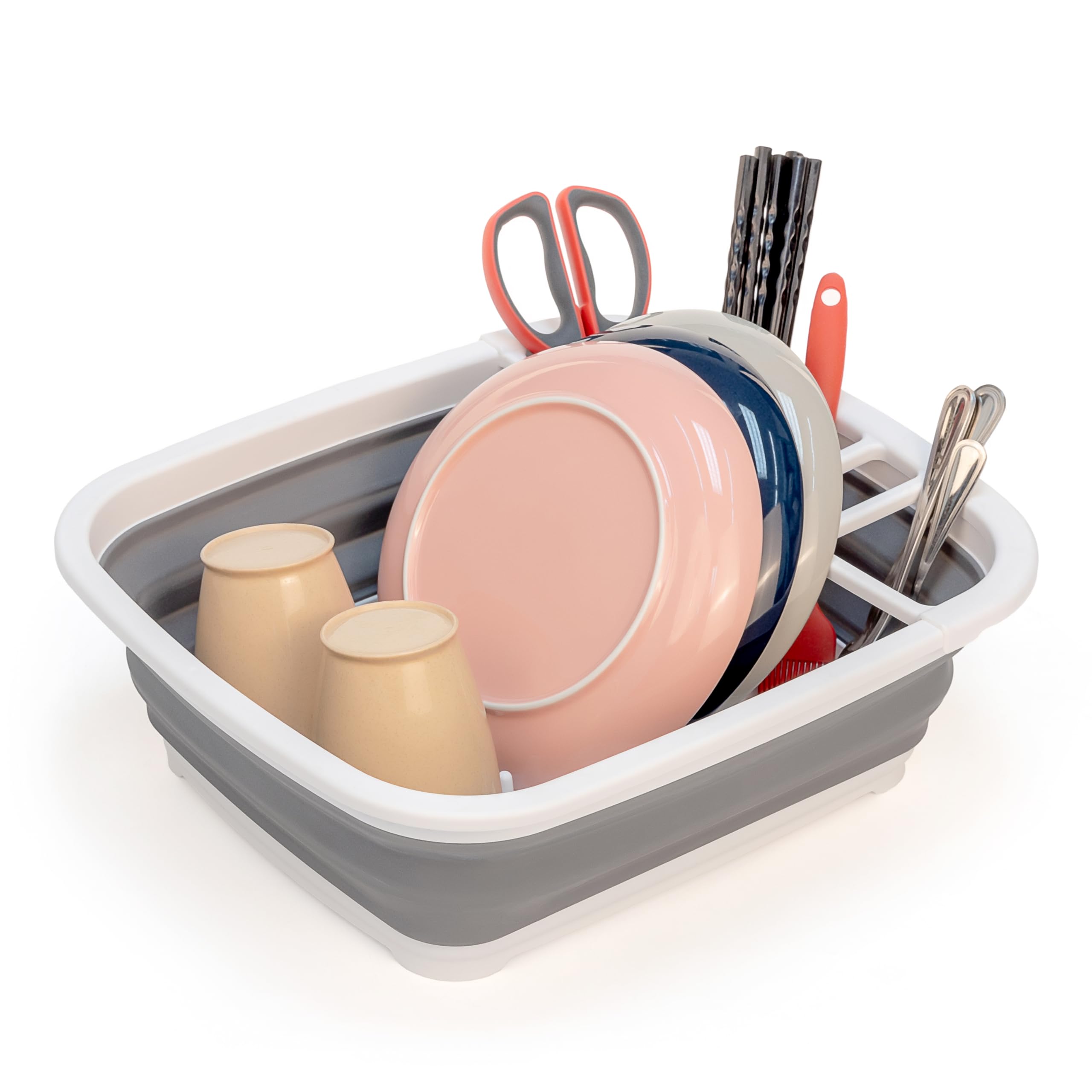 SAMMART 8L Collapsible Dish Drainer - Foldable Drying Rack - Portable Dinnerware Organizer - Space Saving Kitchen Storage Tray (White/Steel Grey)