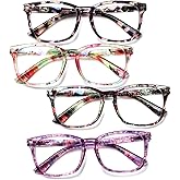 Henotin 4-Pack Blue Light Blocking Reading Glasses Women Men,Spring Hinge Computer Readers,Anti UV Ray Square Nerd Eyeglasses (Ladies Readers with Pattern Print, 0.0, Diopters)