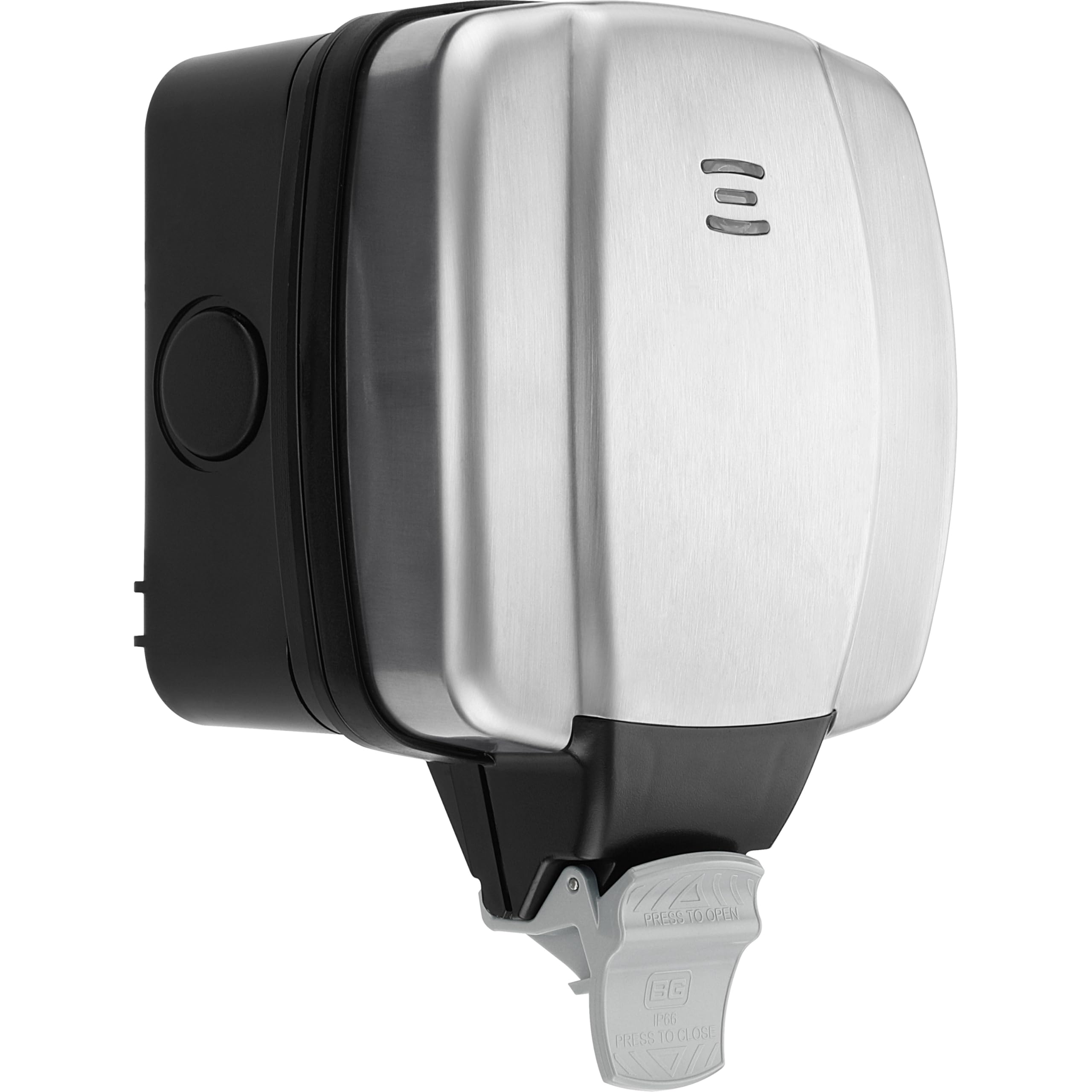 BG Electrical Outdoor Single Switched Power Wall Plug Socket, Decorative Weatherproof, Stainless Steel Black, 13A, IP66 Rated, WPL21