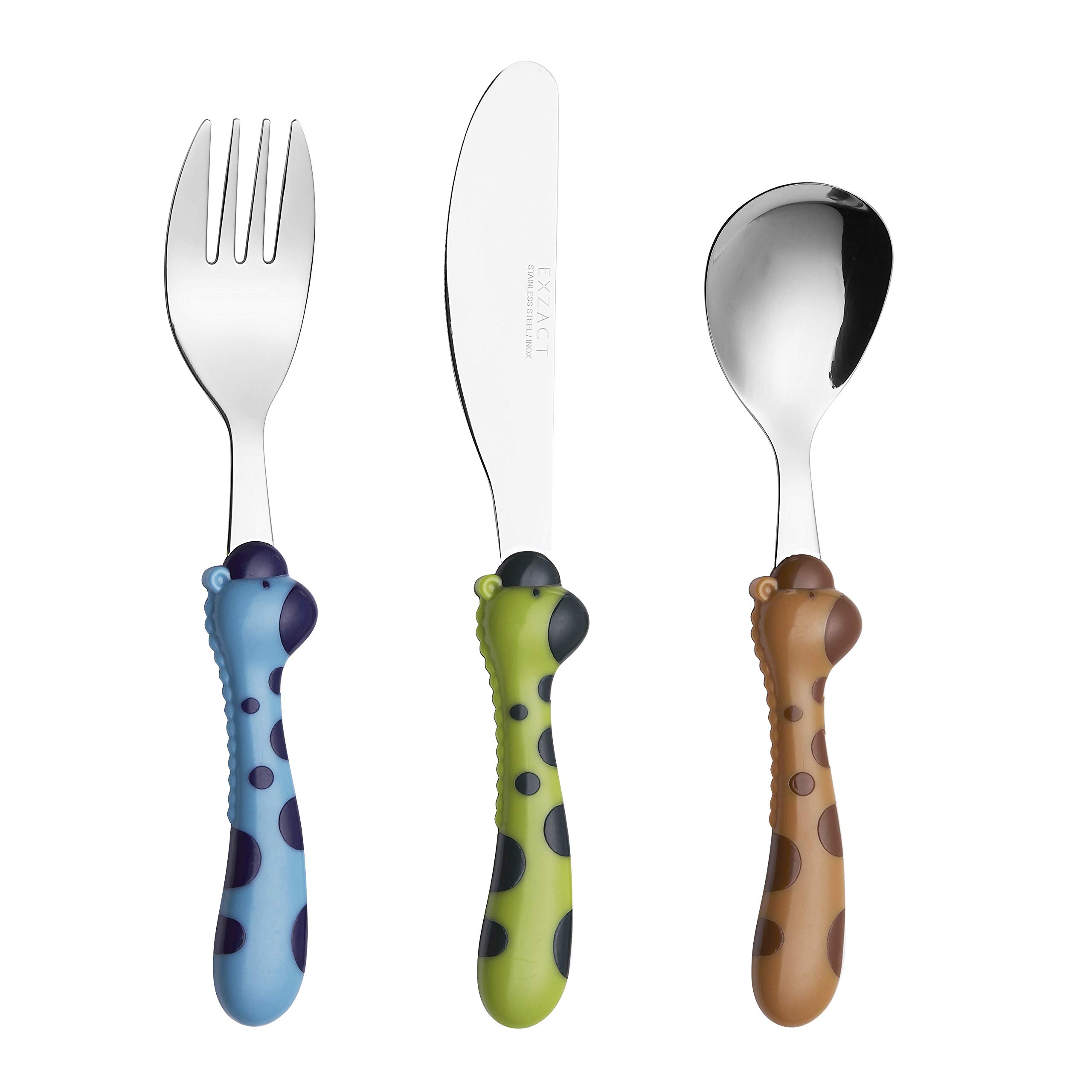 Exzact Children Cutlery Stainless Steel 3pcs/ Toddler Kids Flatware - 1 x Fork, 1 x Knife, 1 x Spoon - BPA Free, Dishwasher Safe, 24 Month+ (Giraffe x 3)