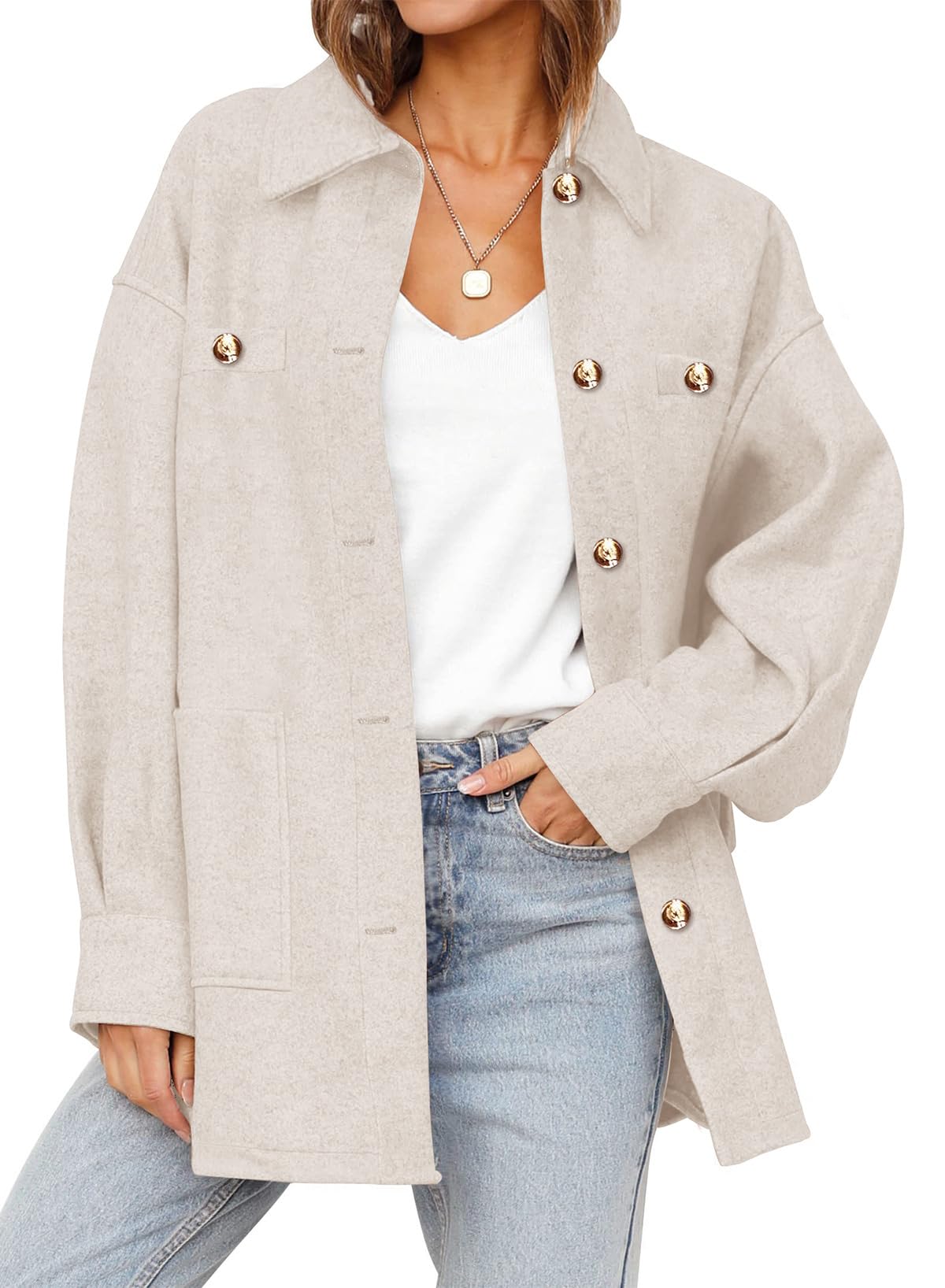 Photo 1 of Dokotoo Ladies Fall Oversized Long Sleeve Trendy Shacket Jacket 2024 Button Down Blend Outerwears with Pockets,Beige Large