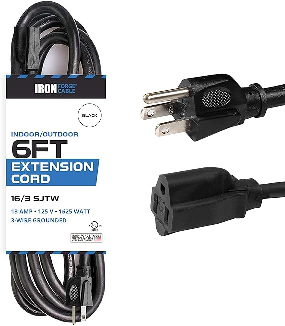 6 Ft Outdoor Extension Cord 16/3 Heavy Duty Black Cable