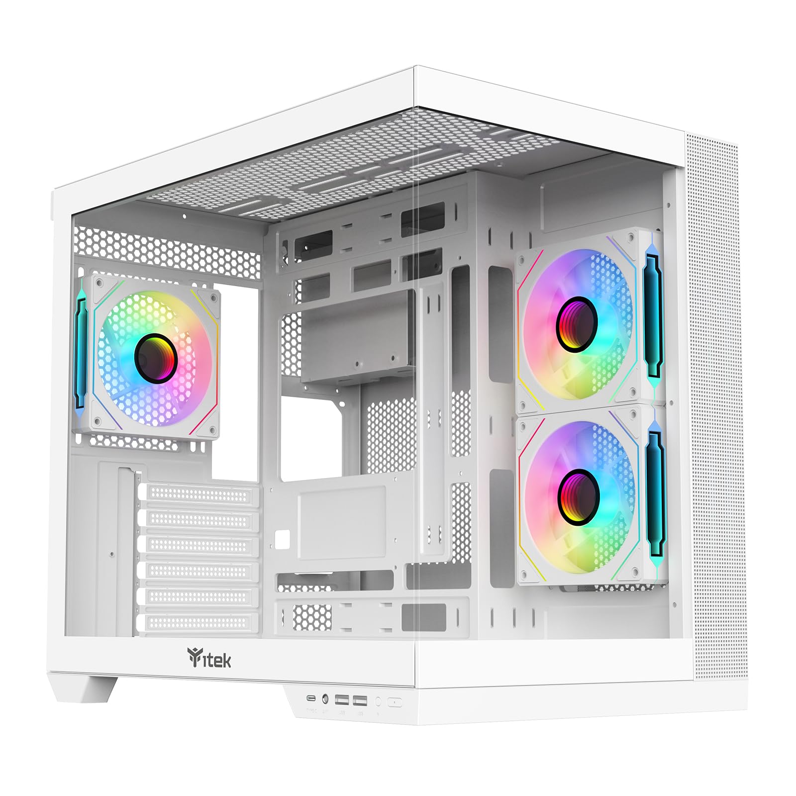 Itek Dark CAVE DS Gehäuse – Gaming Tower – ATX – 3x12cm ARGB-Lüfter – 2X USB 3.0 – Type-C – Seiten- & Frontpanel aus Gehärtetem Glas – Weiße Edition