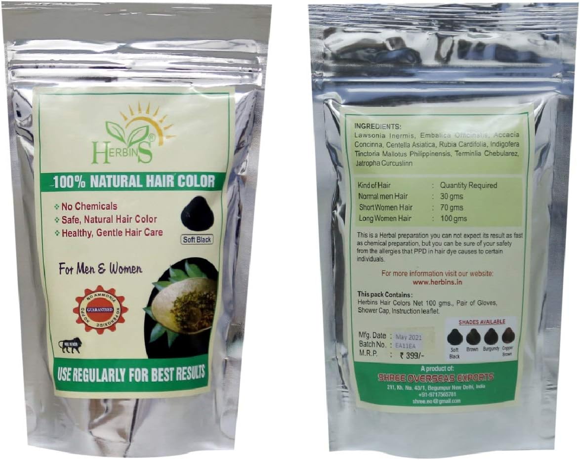 Herbins natural hair color for hair growth, natural hennas - Soft Black, 100g