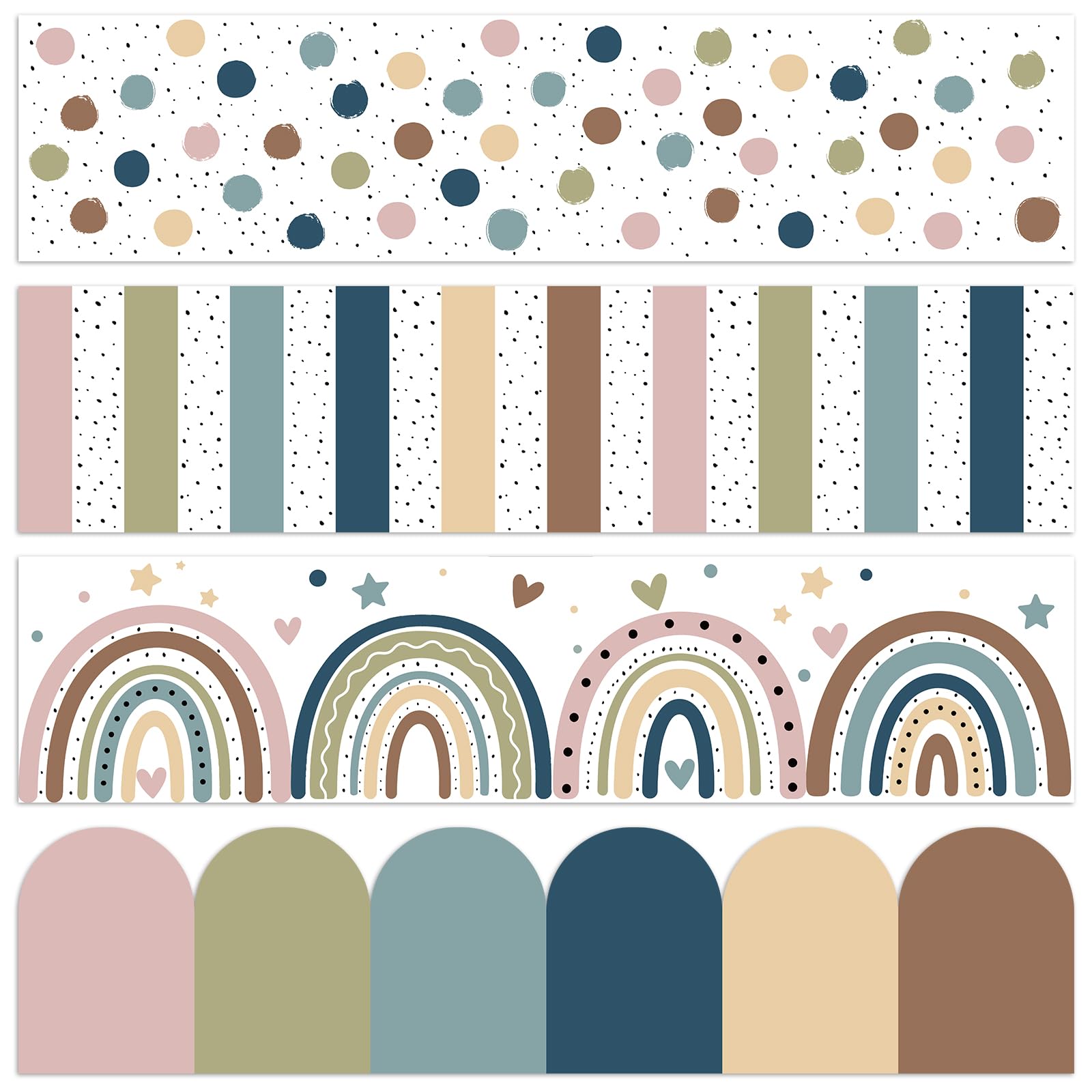 Photo 1 of Mooliwe 4 Rolls 118 ft Boho Bulletin Board Border Classroom Rainbow Hearts Polka Dot Border Trim Bulletin Board Scalloped Stripe for School Classroom Chalkboard Office Decoration, 4 Designs