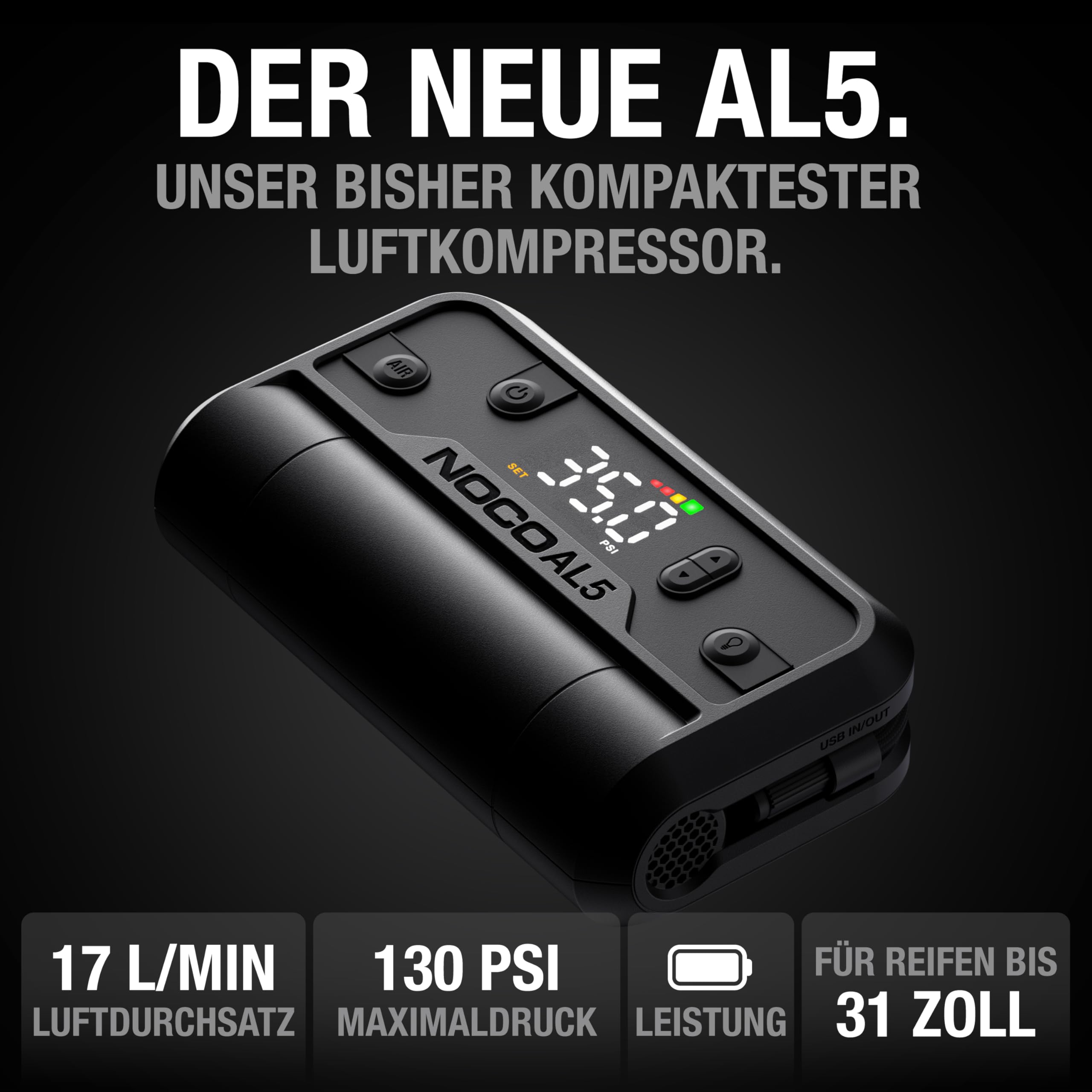 NOCO Air AL5: UltraSchnelle 5A Akku-Luftpumpe – Tragbarer Akku-Kompressor – 17 SLPM Luftstrom, 0–40 PSI in 7 Min – Digitales Manometer + automatische Abschaltung 2
