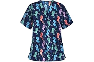 ODEUIAOD Womens Scrub Tops Fashion Printed Work Uniform T-Shirt V Neck Short Sleeve Nurse Scrub Tunic Blouse with Pockets