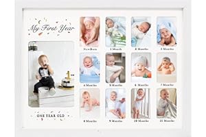 GMFrames Baby First Years Photo Frames 12 Month Picture Frame 12 * 16 for Holds (1) 5x7 & (12) 2x3 Wallet Size Photos White