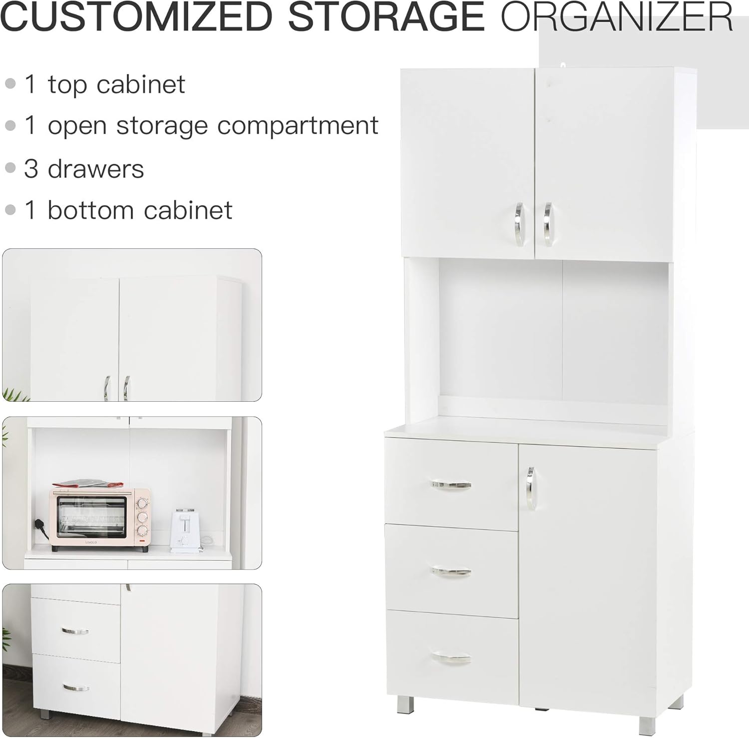 HOMCOM Freestanding Kitchen Buffet with Hutch Storage Pantry with 2 Cabinets, 3 Drawers and 1 Open Space, Adjustable Height Unit, White: Furniture & Decor