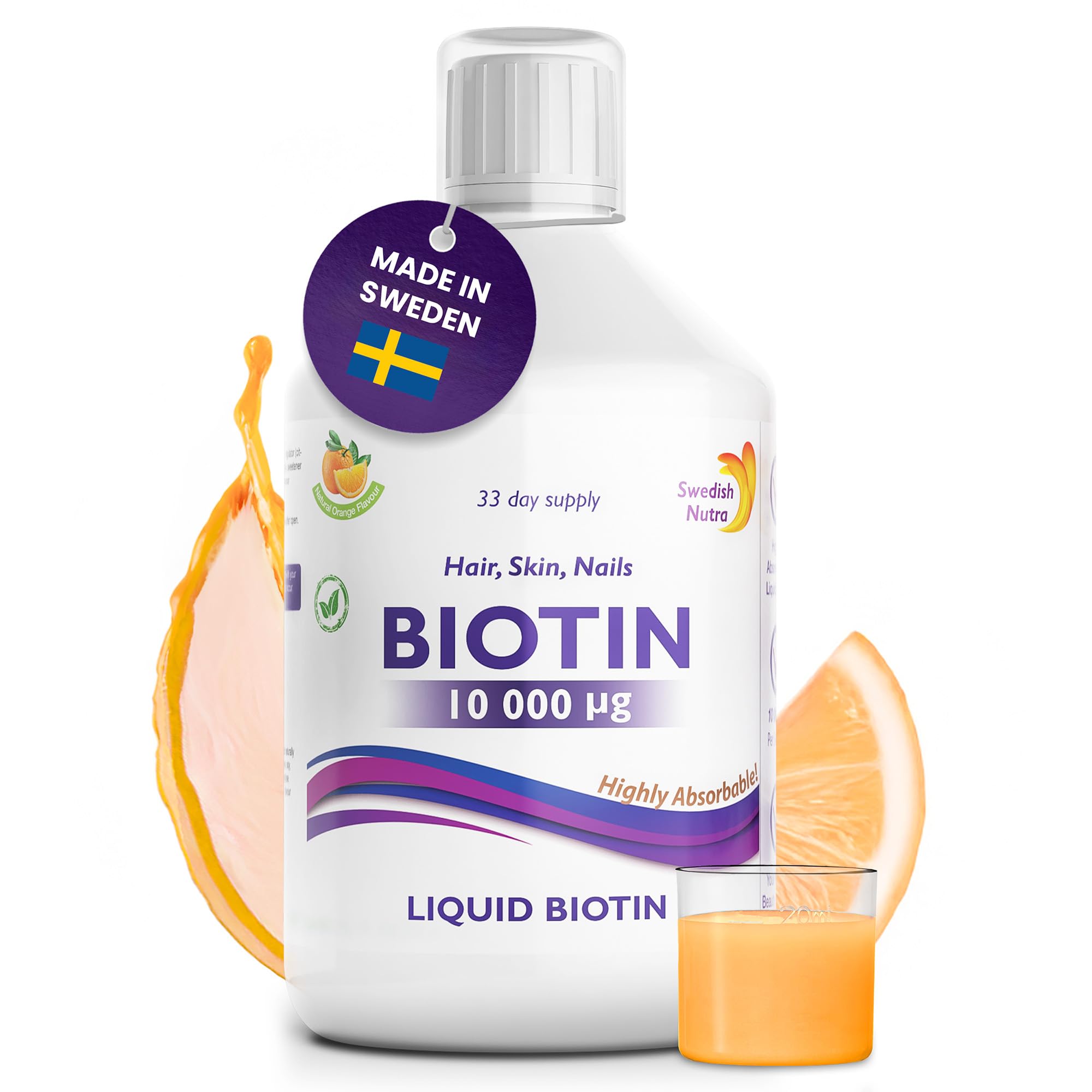 Swedish Nutra - Biotin 10,000 UG Liquid Supplement - Pack of 500 ml, 33 Day Supply | Plus Vitamin C for Healthy Hair, Skin & Nails | Vegan & Gluten Free | 100% Natural Orange Flavour