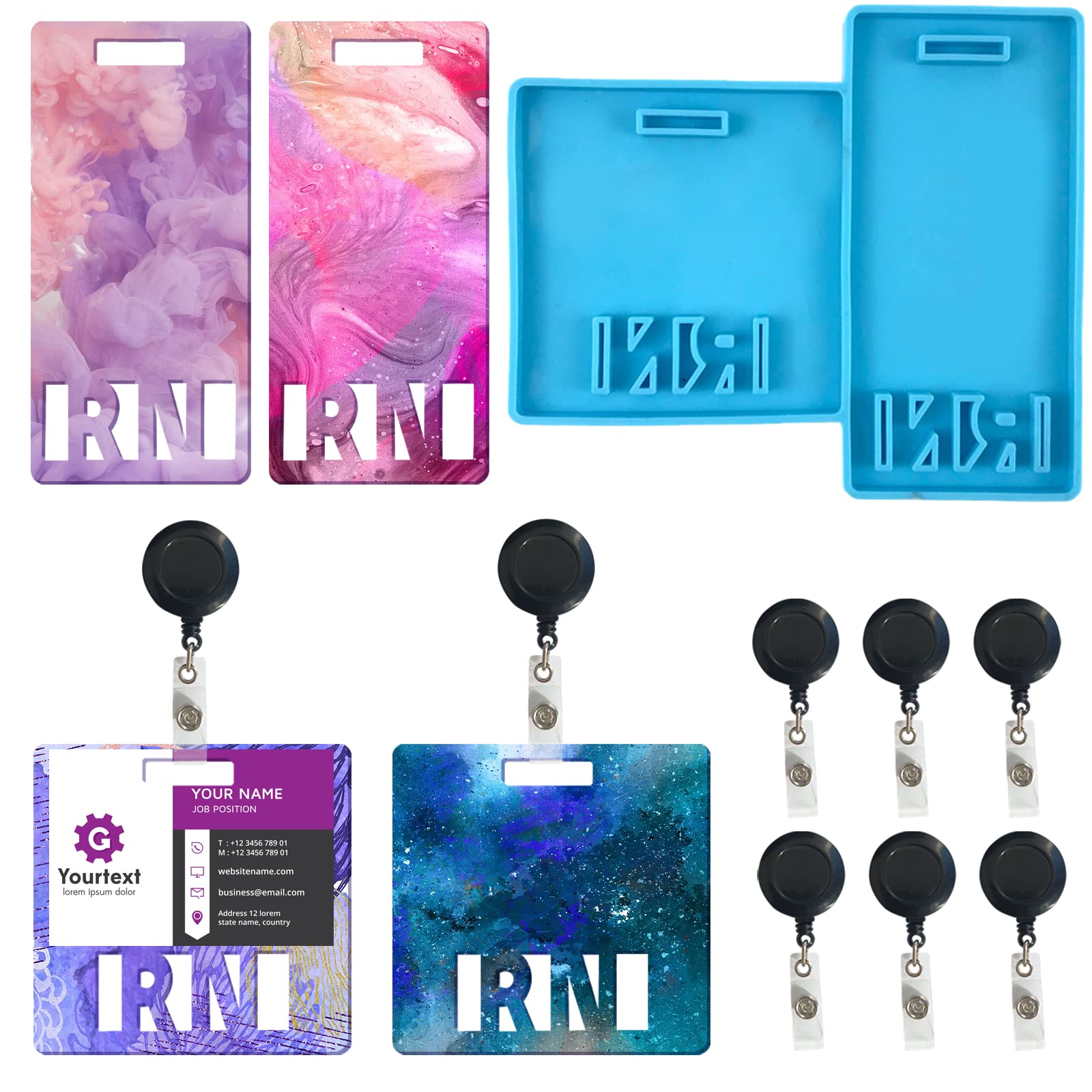 Yanmucy ID Badge Mold - 2 Shape Silicone Mold for Name Badge Buddy Tags ID Card Holder with 6 Pcs ID Badge Reel Clip (Blue)