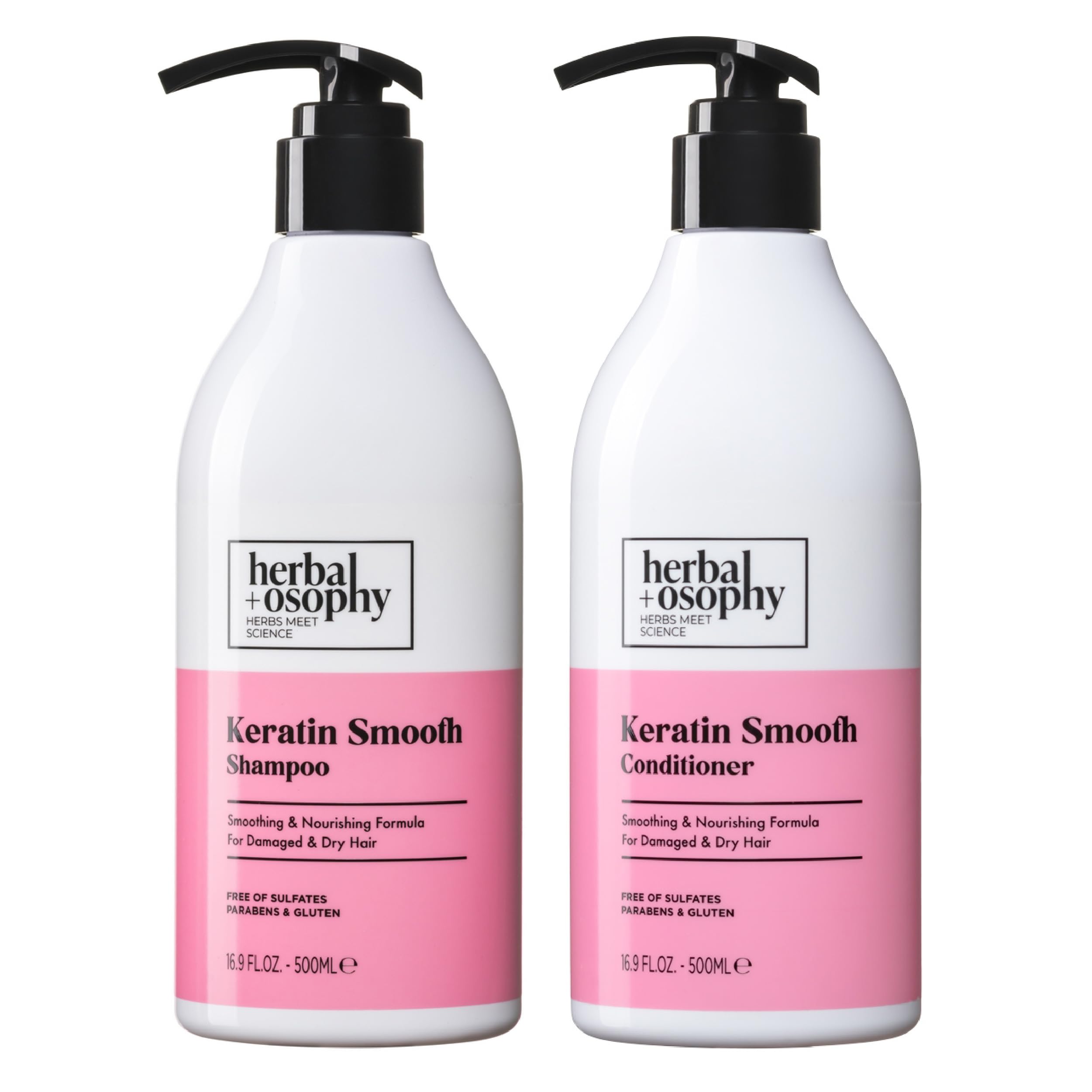 Herbalosophy Keratin Shampoo & Conditioner Set, Nourishing & Moisturizing Formula for Damaged & Dry Hair, Highly Hydrate & Repair for Color Treated Hair, Sulfate,Parabens & Gluten Free, 2 x 16.9 Fl Oz