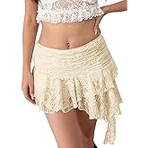 Fhykiss Women Y2k Mini Skirts Lace Ruffle Asymmetrical Pleated Micro Skorts Layered Fairy Flowy Cute Slip Skirt Short