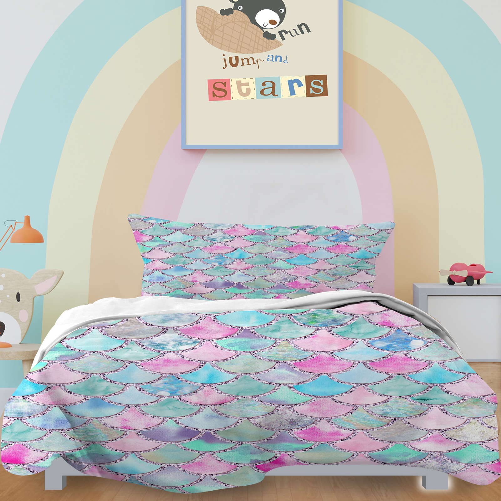 YUANZU Mermaid Scales Duvet Cover Set Single Size for Kids Adults Girls Bedding Set 2 Pieces Fish Scales Geometric Printed Soft Microfiber Quilt Cover with Zipper Closure (135x200cm & 1Pillowcase)