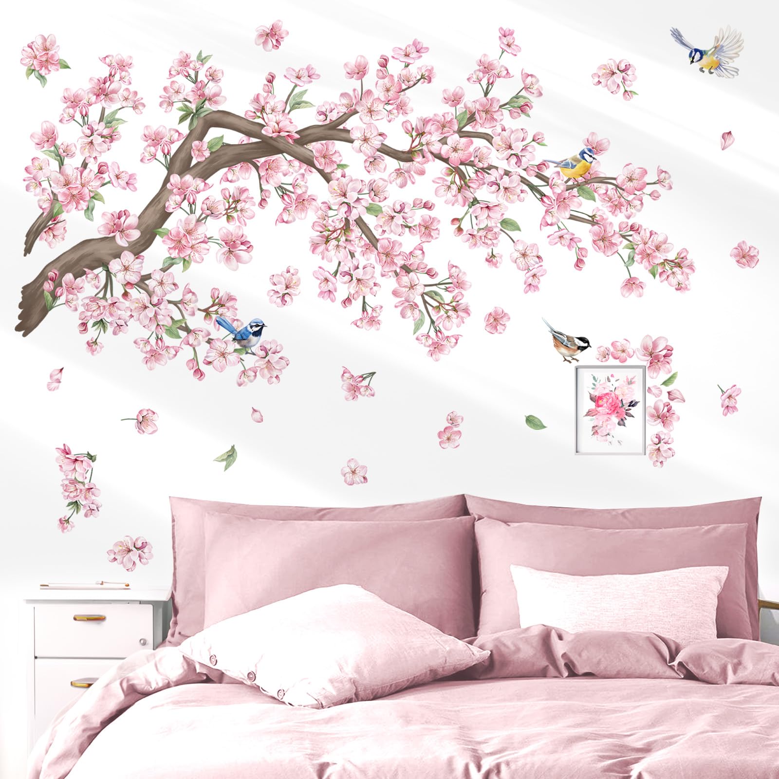 wondever Cherry Blossom Tree Branch Wall Stickers Pink Flower Floral Birds Peel and Stick Wall Art Decals for Bedroom Living Room Sofa