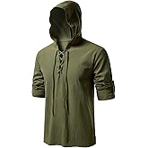 JEMITOP Men's Pure Cotton Retro Style Lace Up Hooded Shirts for Renaissance Pirate Viking Medieval Costume