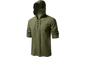 JEMITOP Men's Pure Cotton Retro Style Lace Up Hooded Shirts for Renaissance Pirate Viking Medieval Costume