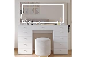 Boahaus Orla - Glass Top Large Vanity Desk w/Bluetooth Speaker, Dimmable LEDs, 11 Drawers, Crystal Knobs, USB Type-C & Type-A Ports, Power Outlet, Premium Makeup Vanity for Women, Teens – White