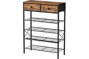 UNITSTAGE 5 Tier Entryway Shoe Rack, Shoe Storage Organizer with 2 Drawers, Metal Shoe Shelf for 16-20 Pairs with Wooden Top 