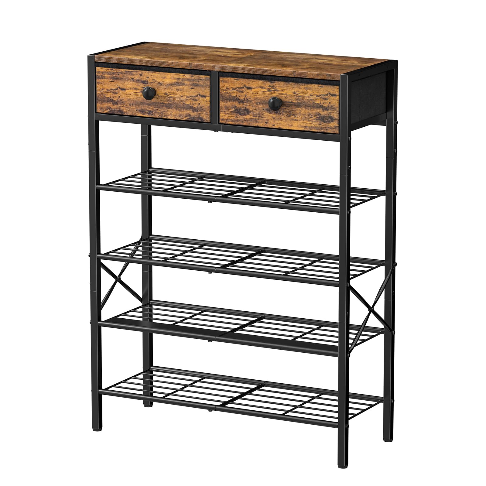 Photo 1 of UNITSTAGE Shoe Rack for Entryway, 5 Tier Shoe Organizer with 2 Non-woven Drawers, Metal Storage Shoe Shelf for 16-20 Pairs of Shoes, with Wooden Top and Steel Frame, Shoe Stand for Closet Rustic Brown