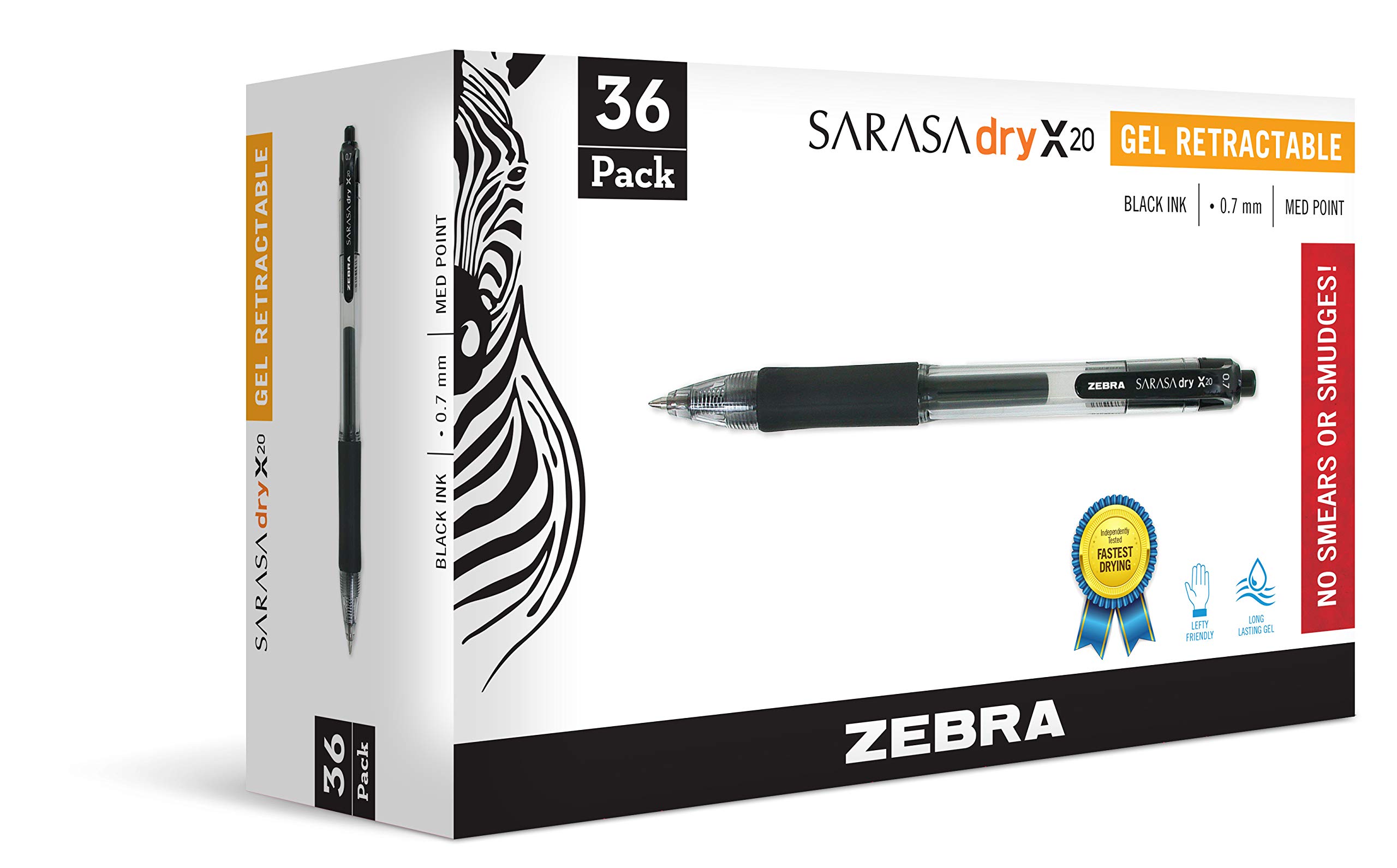 Photo 1 of Zebra Pen Sarasa Dry X20 Retractable Gel Pens, 0.7mm Medium Point, Black Ink with Rapid Dry Ink Technology, Ideal for Office Supplies and School Supplies, 36-Pack (46136)
