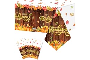 AIBIIN 3pcs Fall Happy Thanksgiving Decorations, Thanksgiving Pumpkin Wooden Tablecloths Maple Leaf Fall Baby Shower Birthday Plastic Disposable Table Covers Table Decorations 108 x 54 Inch