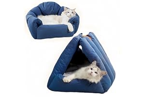 APTKIN Cat Bed Cave, Dual-Use Cat House, Cozy Enclosed Cat Tent with Cover, Triangle Cat Hut with Fluffy Removable Plush Cushion, Washable Pet Bed, Small Dogs, Puppy, Kitten, Rabbit, Warm for Winter,Blue