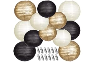 YUNXUAN Paper Lanterns Decorative, Black Gold Hanging Paper Lanterns with Lights for Graduation Anniversary Birthday Party 12 LED Light Round Chinese Lanterns 12" 10" Pack of 12