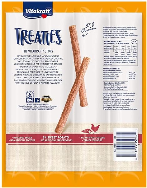 VITAKRAFT 4 PACK OF TREATIES FOR DOGS, SMOKED CHICKEN RECIPE WITH SWEET POTATO, MUNCHABLE TREAT STICKS