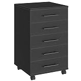HOOBRO 5-Drawer File Cabinet, Office Cabinet with Drawers, Wooden Storage Cabinet with Wheels for Makeup, Home Office, Study, Easy Assembly, Black BK05WJ01