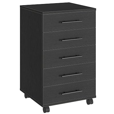 HOOBRO 5-Drawer File Cabinet, Office Cabinet with Drawers, Wooden Storage Cabinet with Wheels for Makeup, Home Office, Study, Easy Assembly, Black BK05WJ01