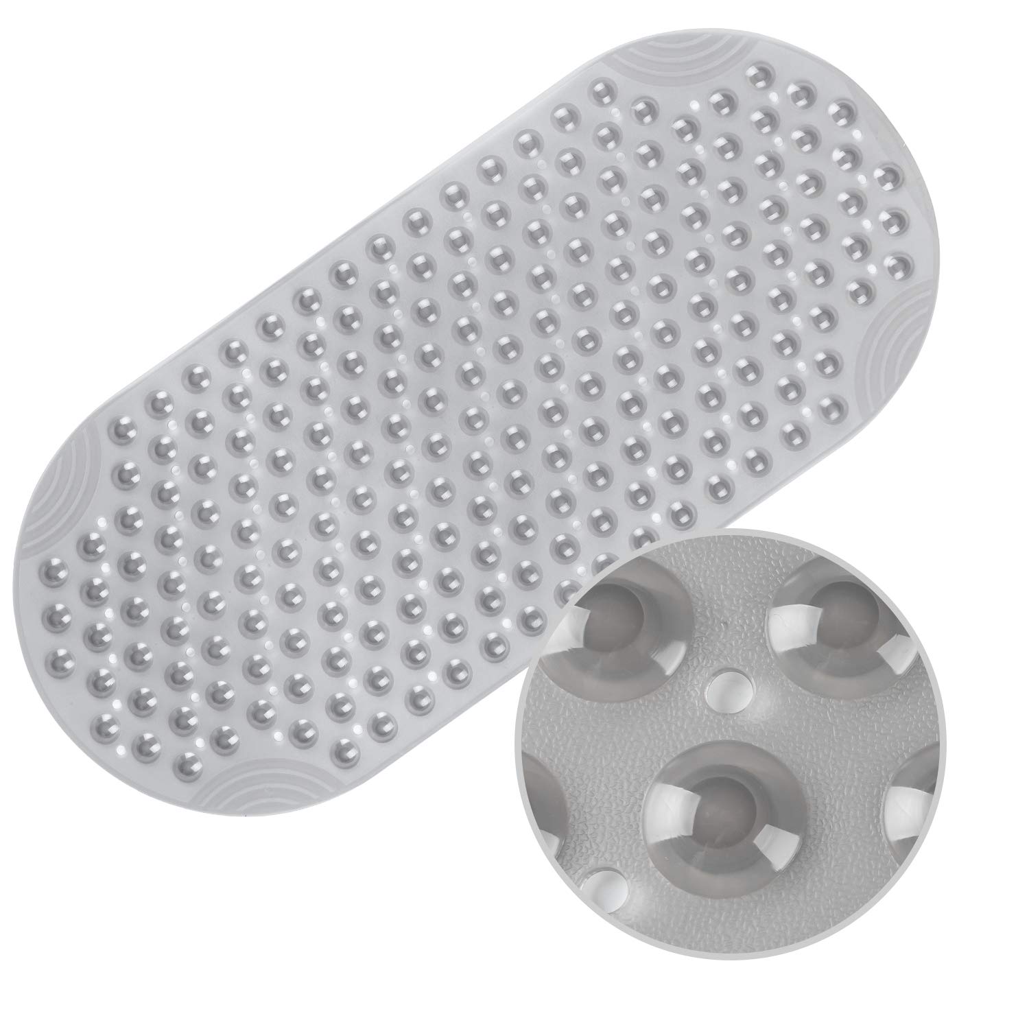 WELTRXE Bathtub Mat Bathroom 88x40cm Long Oval Vinyl Shower Mats Anti-Slip Anti-Mould Bath Tub Mat with 205 Suction Cups Soft Durable Safety for Elder Children Pets, Grey