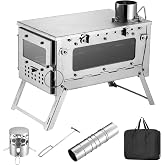 Portable Wood Burning Camping Stove with Glass Window for Tent, Fishing | Ultra Light, Foldable, Stainless Steel, 8ft Chimney Pipe, With Carry Bag, Rake, 1300&deg;C Heat-Resistant Glass, Quick Assemble