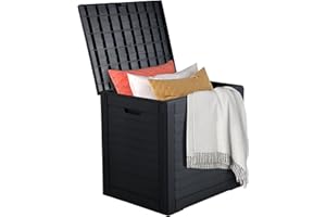 DWVO Louvered Large Deck Box, 31 Gallon Resin Outdoor Storage Box w/Lockable Lid and Side Handles for Patio Furniture, Garden Tools and Pool Supplies,Waterproof and UV Resistant, Black