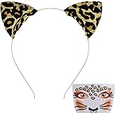 DDazzling Glitter Cheetah Print Ears Headband with Leopard Face Stickers for Halloween Animal Cosplay