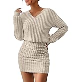 Oakgarden Women's Pullover Sweater Dress Long Lantern Sleeve Ribbed Knit V Neck Ruched Bodycon Mini Dress 2025 Fashion