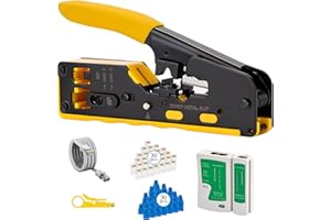 WEETOTUNG RJ45 Crimp Tool Pass Through Kit - Professional Complete Ethernet Crimping tool kit with Tester 30 Cat6 Connectors & Covers for Cat5/Cat5e/Cat6