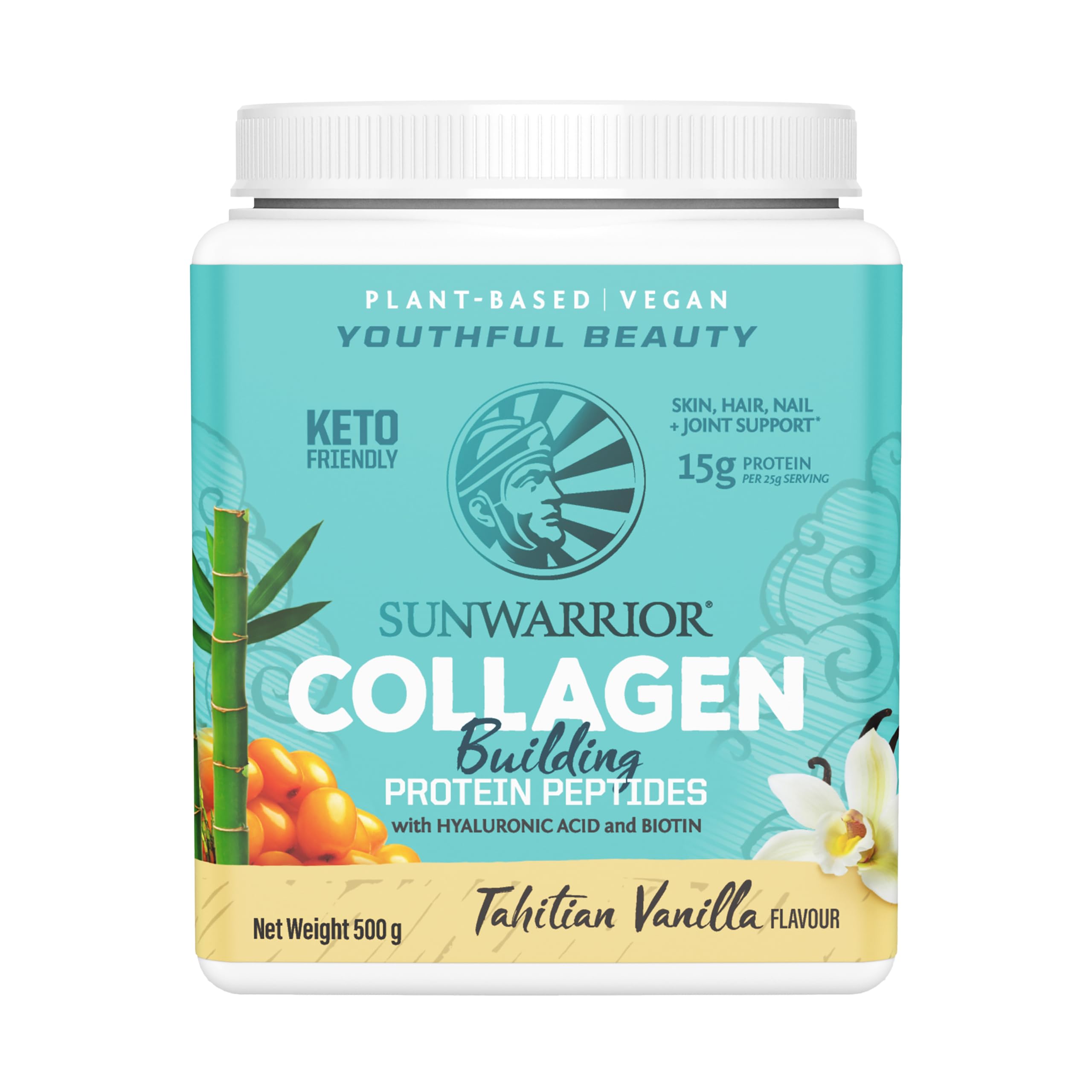 Sunwarrior Plant-Based Vegan Youthful Beauty Collagen Building Protein Peptides with Hyaluronic Acid and Biotin (Tahitian Vanilla, 500G)