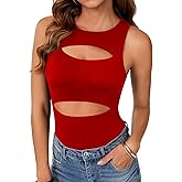 LYANER Women's Sleeveless Bodysuits Sexy Cut Out Front Body Suits Stretchy Tank Leotards Tops
